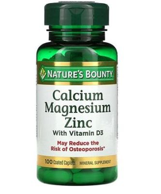 Calcium Magnesium Zinc + D3-Comprimés |MARQUE NATURE'S BOUNTY (Sans OGM, Sans Gluten) (Calcium 1000 mg - Magnésium 400 mg - Zinc 25 mg Plus Vitamine D3 600 UI - Par portion de 3 comprimés) (100 unités)