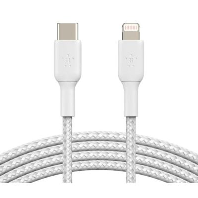 Câble USB-C tressé vers Lightning Belkin (câble de charge rapide iPhone pour iPhone 8 ou ultérieur) Câble USB-C pour iPhone certifié MFi | 2 m, blanc