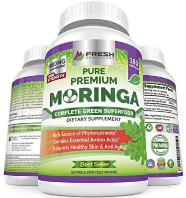 Moringa Oleifera 180 capsules - 100% poudre de feuilles pures - Max 1000 mg par portion - Supplément complet de superaliments verts - Approvisionnement complet de 3 mois - Pure Miracle Tree Moringa Super Greens Powder Vegan Caps