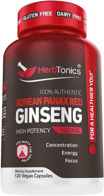 Ginseng rouge panax coréen | Complément alimentaire en capsules de 1500 mg de haute résistance - 120 pilules végétaliennes avec extrait de poudre de ginsénosides pour soutenir l'énergie, l'endurance, l'humeur et la performance