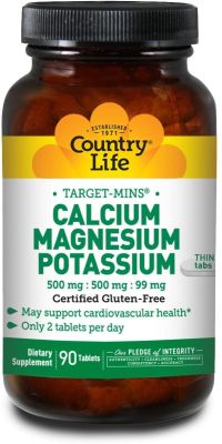 Country Life Target-Mins Calcium Magnésium Potassium 500mg/500mg/99mg - 90 Comprimés - Santé du système cardiovasculaire