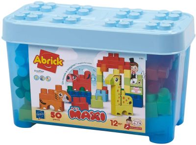 JOUET ENFANT - Baril bleu + briques à empiler Animaux Abrick Maxi – Jeu de construction pour enfants – 50 pièces – Dès 12 mois