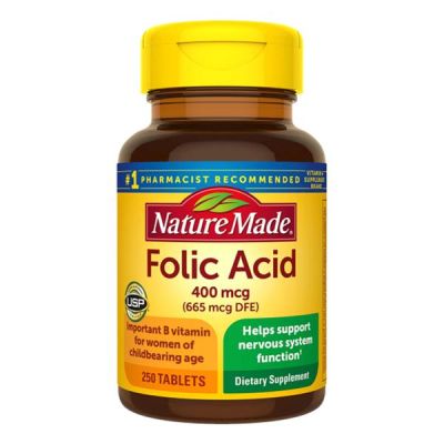 Acide folique 400 mcg |Nature Made  | Complément alimentaire pour la fonction du système nerveux | 250 comprimés