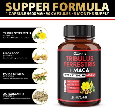 Premium Tribulus Terrestris + Maca, 9600 mg par capsule, 3 mois d'approvisionnement, la plus haute puissance avec Ashwagndha, Panax Ginseng, boost d'énergie, d'humeur, d'endurance et de performance, pour hommes et femmes