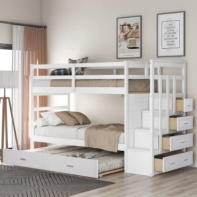 Lit superposé double escalier pour enfants, avec gigogne et 4 tiroirs Stoarge, cadre de lit en bois massif pour dortoir, blanc naturel