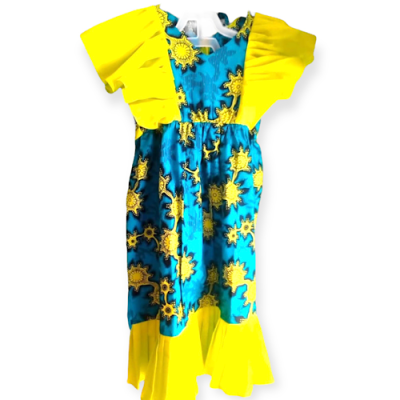 Robe pour fille en Wax Elégante Couleur Jaune-bleu avec fleurs| Age 3 ans