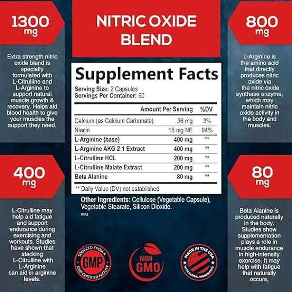 Complément L-Arginine Oxyde Nitrique - Renforcement Musculaire - 30/60/120 Gélules - Neuf